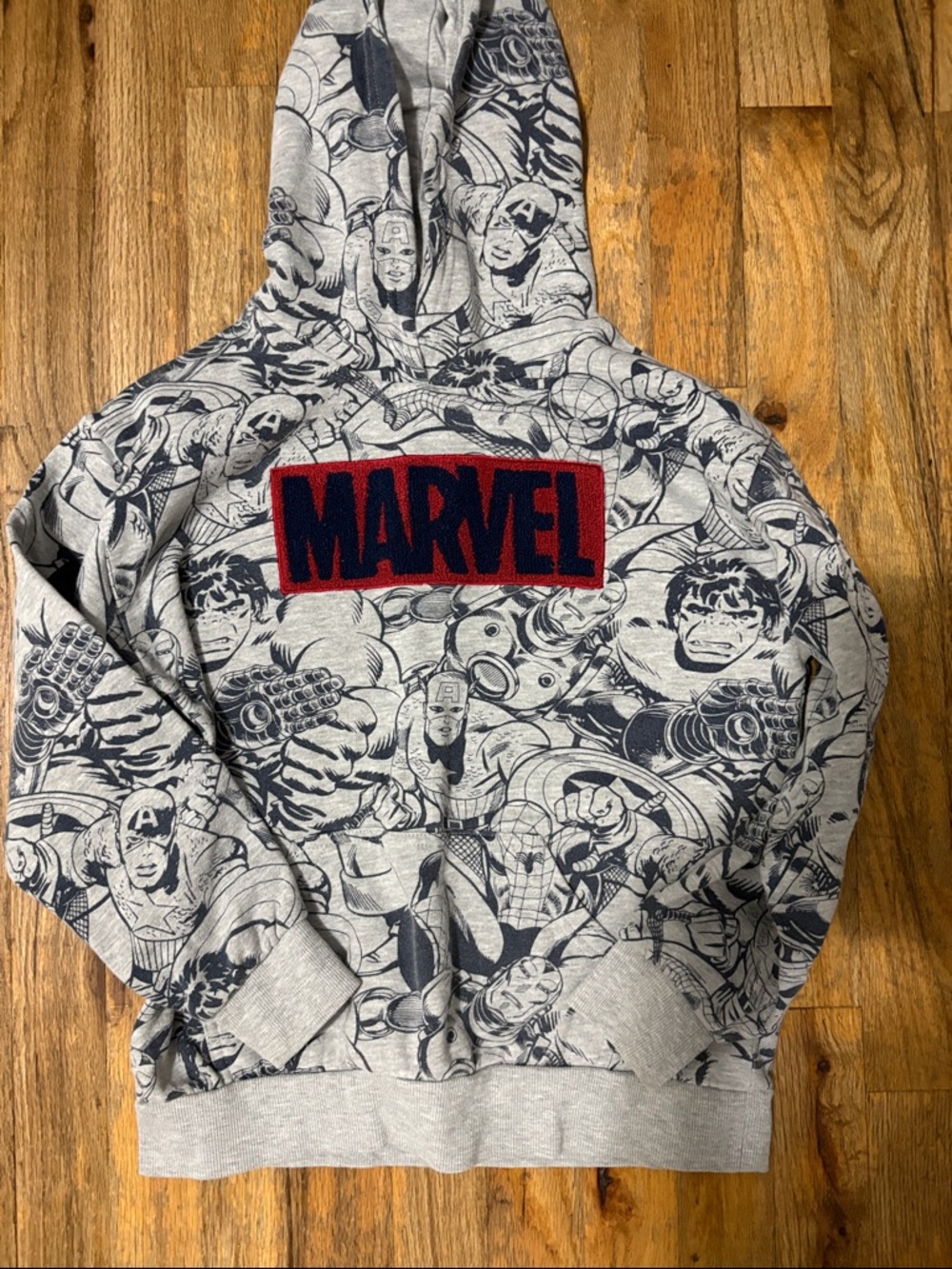 Marvel Gray All-Over Hero Print Hoodie with Red Logo Patch